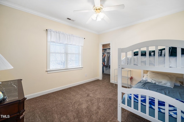 bedroom with carpet, visible vents, ornamental molding, and baseboards