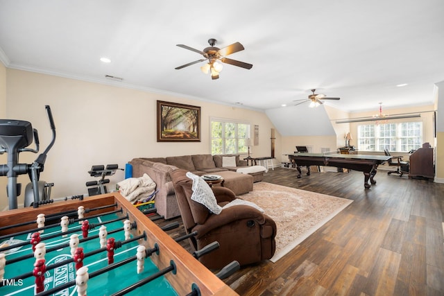 game room with billiards, ornamental molding, plenty of natural light, and wood finished floors