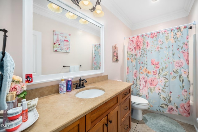 full bath with toilet, ornamental molding, vanity, and tile patterned floors