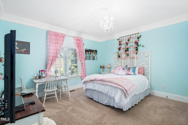 bedroom featuring a chandelier, carpet flooring, and crown molding