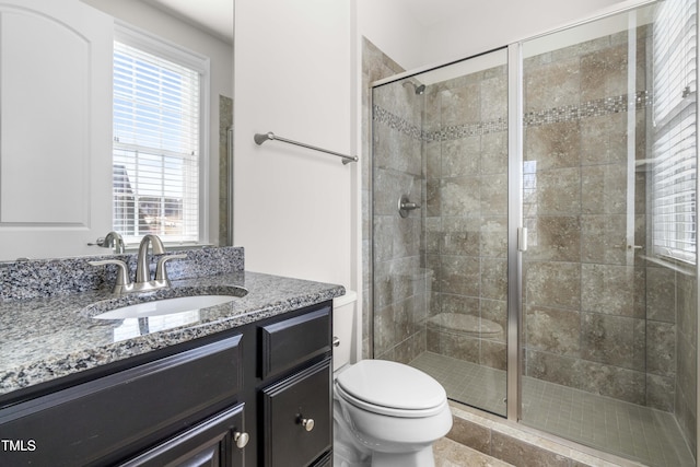 full bath featuring toilet, a stall shower, and vanity