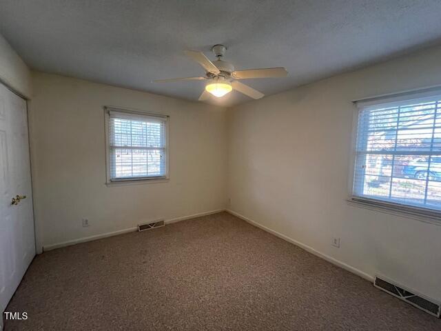 unfurnished bedroom with multiple windows, carpet floors, a closet, and ceiling fan