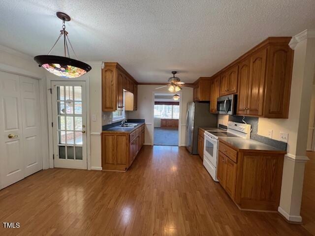 kitchen with pendant lighting, sink, stainless steel appliances, and light hardwood / wood-style floors