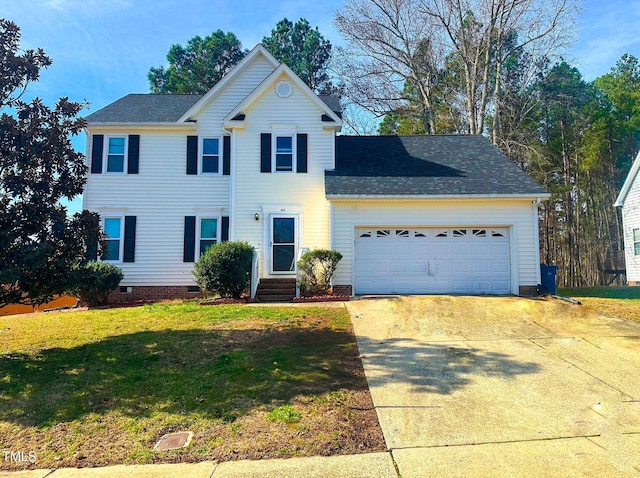 view of front of home featuring entry steps, a garage, driveway, crawl space, and a front yard