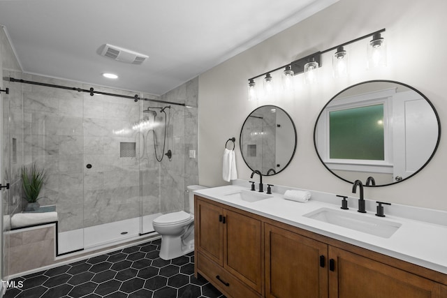 full bath with toilet, a shower stall, visible vents, and a sink