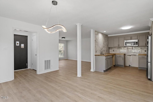 kitchen featuring light wood-style flooring, a sink, visible vents, appliances with stainless steel finishes, and decorative backsplash