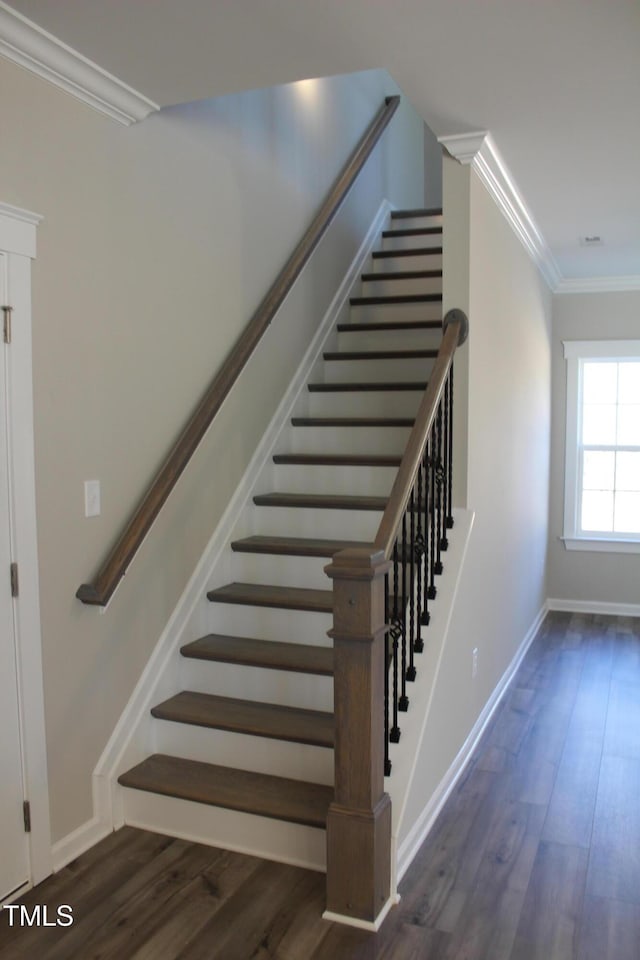 staircase featuring ornamental molding and wood-type flooring