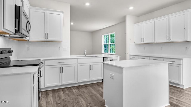 1009 Ocean Ct, Carthage, NC 28327 - kitchen featuring stainless steel appliances, wood finished floors, a peninsula, white cabinetry, and recessed lighting
