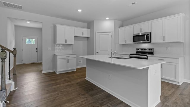 989 Ocean Ct, Carthage, NC 28327 - kitchen with appliances with stainless steel finishes, backsplash, an island with sink, white cabinetry, and recessed lighting