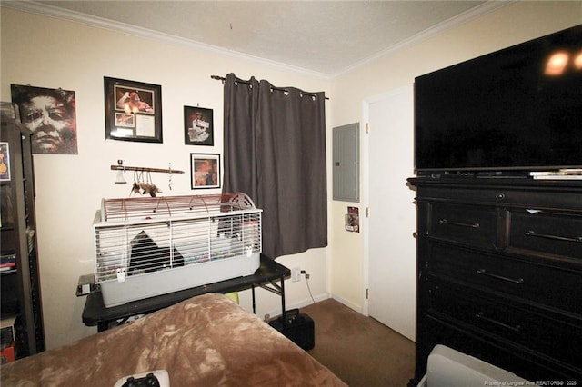 carpeted bedroom with ornamental molding and electric panel