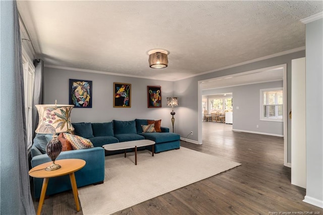 living area with crown molding, baseboards, a textured ceiling, and dark wood-type flooring