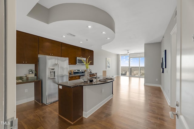 kitchen featuring ceiling fan, open floor plan, appliances with stainless steel finishes, expansive windows, and dark wood finished floors