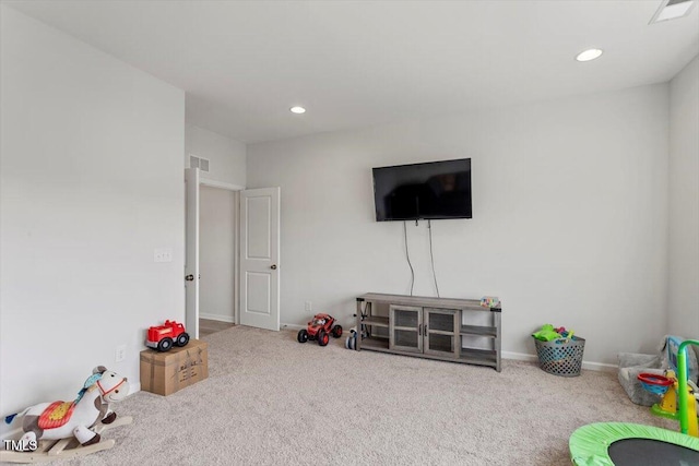 playroom featuring carpet floors, visible vents, and recessed lighting