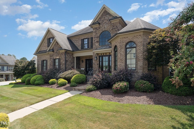 view of front facade featuring a front yard, brick siding, and a shingled roof