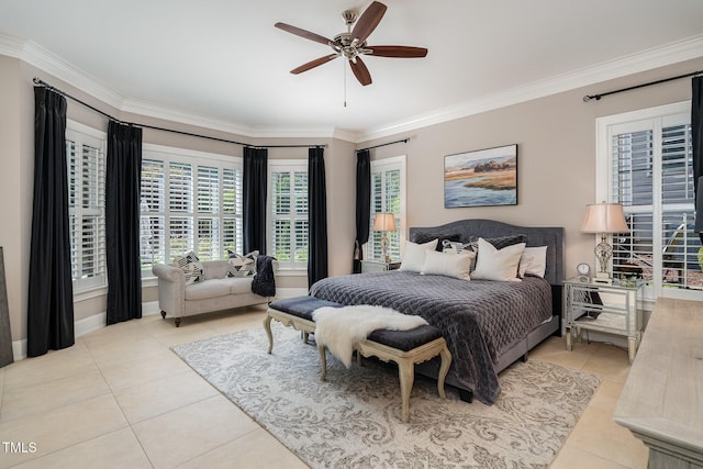 bedroom featuring light tile patterned floors, ceiling fan, and ornamental molding