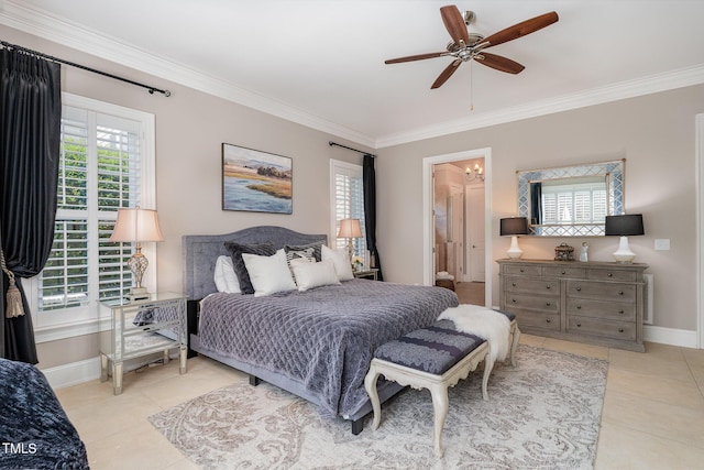 bedroom featuring tile patterned floors, a ceiling fan, baseboards, and ornamental molding