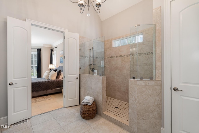 full bathroom featuring ensuite bath, crown molding, vaulted ceiling, and walk in shower