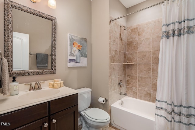 bathroom featuring shower / bathtub combination with curtain, toilet, and vanity