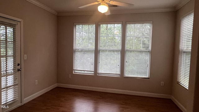 1828 Parkside Village Dr, Clayton, NC 27520 - empty room with crown molding, wood finished floors, ceiling fan, and baseboards
