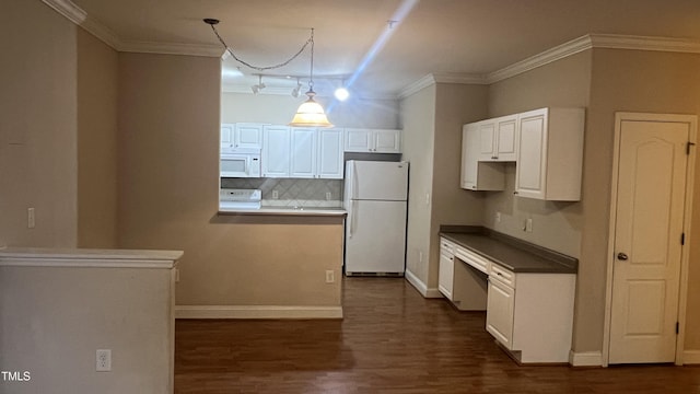 1828 Parkside Village Dr, Clayton, NC 27520 - kitchen featuring tasteful backsplash, white cabinetry, dark wood-style flooring, and white appliances