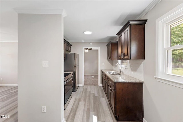 kitchen featuring ornamental molding, sink, dark brown cabinetry, and a healthy amount of sunlight