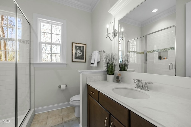 full bathroom with toilet, ornamental molding, a stall shower, tile patterned flooring, and baseboards