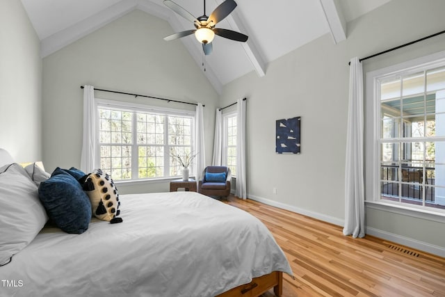 bedroom featuring high vaulted ceiling, baseboards, beamed ceiling, and light wood finished floors