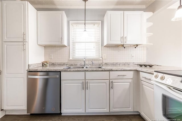 kitchen featuring white cabinets, decorative light fixtures, dishwasher, and white electric range