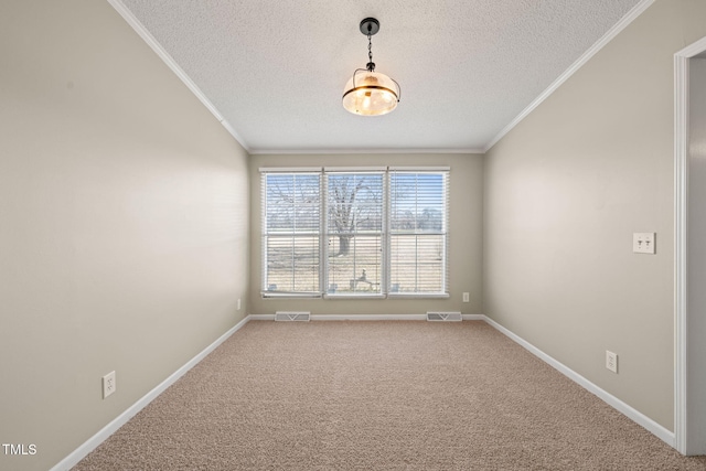 unfurnished room featuring crown molding, a textured ceiling, and carpet flooring