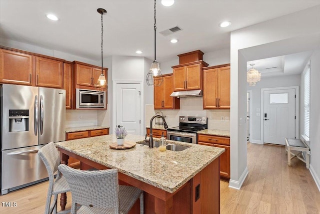 kitchen with visible vents, brown cabinetry, stainless steel appliances, under cabinet range hood, and a sink