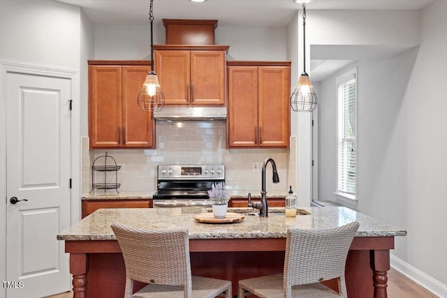 kitchen with a sink, under cabinet range hood, backsplash, and electric stove