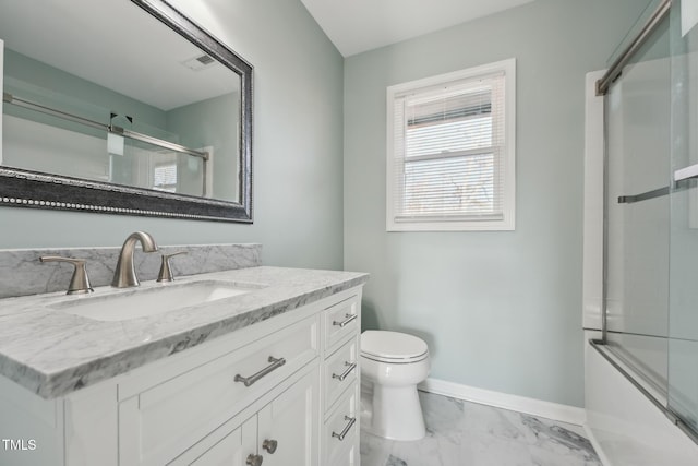 full bathroom with marble finish floor, visible vents, toilet, vanity, and baseboards