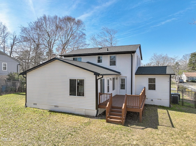 rear view of property with a deck, central AC, fence, a yard, and crawl space