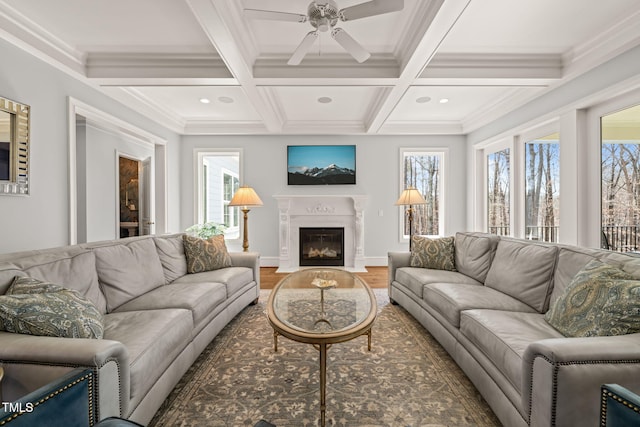 living area with beamed ceiling, a healthy amount of sunlight, wood finished floors, and a ceiling fan