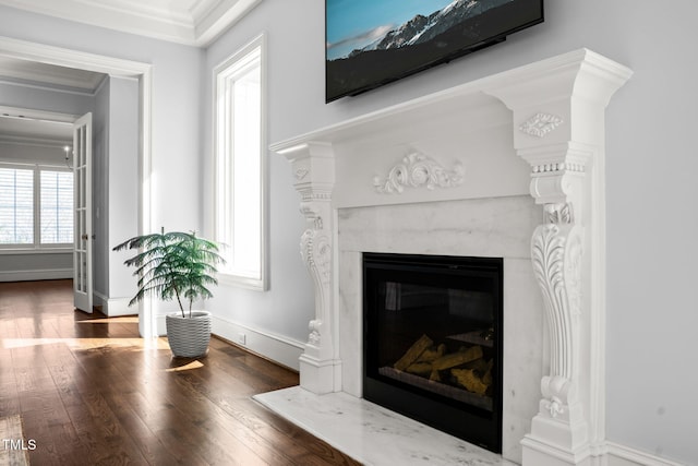 interior details featuring crown molding, wood finished floors, baseboards, and a high end fireplace