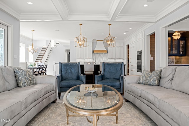 living room with recessed lighting, ornamental molding, stairs, beamed ceiling, and a notable chandelier