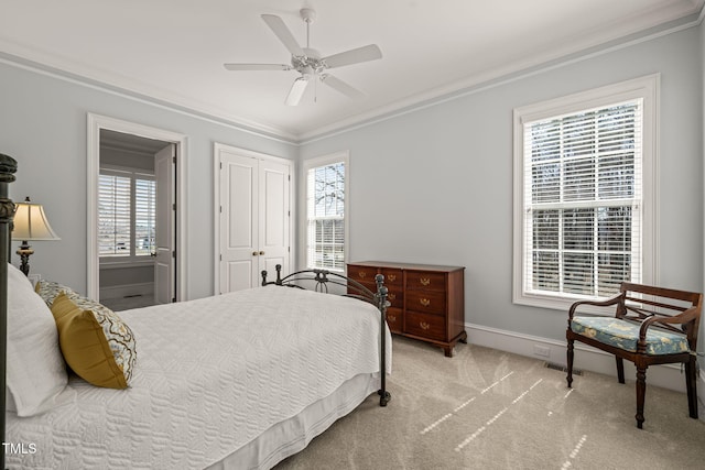 bedroom featuring crown molding, multiple windows, baseboards, and carpet floors