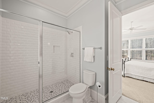 bathroom featuring ensuite bath, crown molding, toilet, and a shower stall