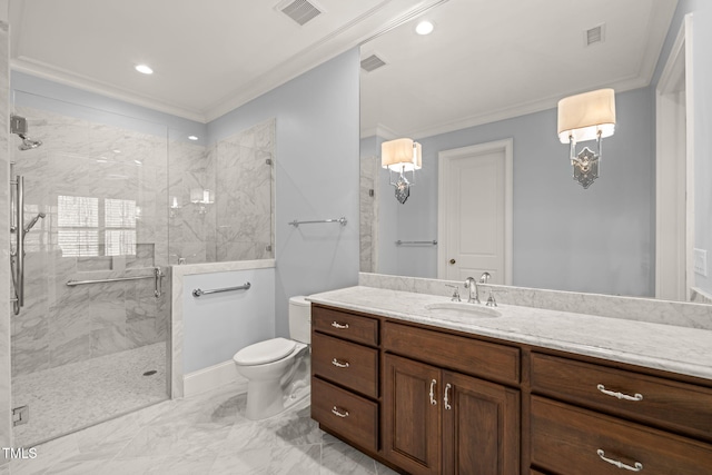 full bath with a marble finish shower, visible vents, toilet, ornamental molding, and marble finish floor