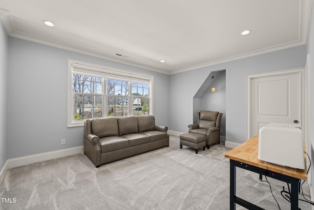 carpeted living area with crown molding, recessed lighting, and baseboards