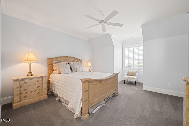 bedroom with crown molding, baseboards, dark carpet, and ceiling fan