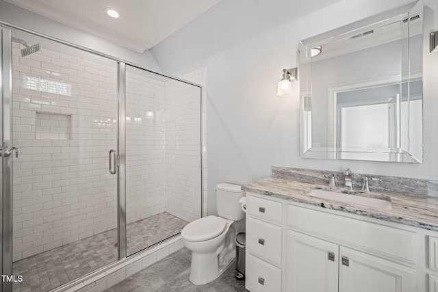 full bath with visible vents, toilet, recessed lighting, a stall shower, and vanity