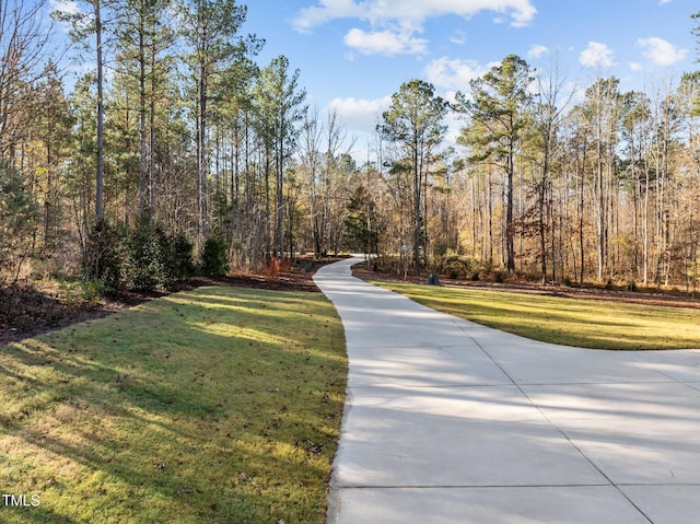 view of property's community featuring a view of trees and a lawn