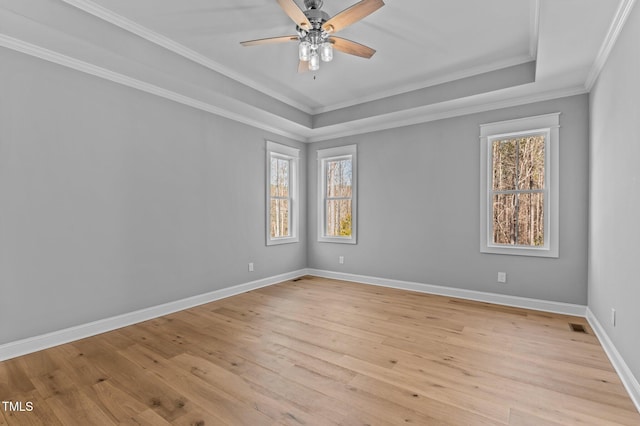 empty room with a healthy amount of sunlight, light wood-type flooring, a raised ceiling, and baseboards