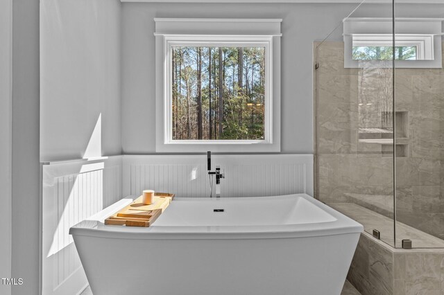 full bath featuring a freestanding tub, a wainscoted wall, and tiled shower