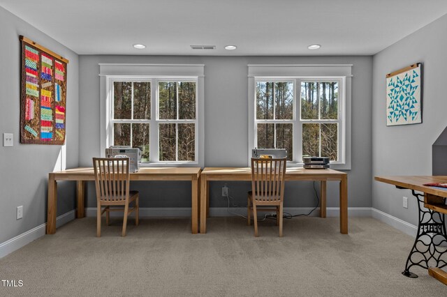 carpeted office space with visible vents, recessed lighting, and baseboards