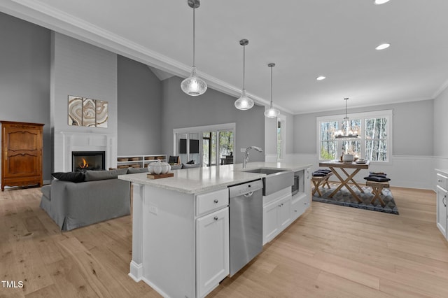 kitchen featuring light wood finished floors, wainscoting, a warm lit fireplace, stainless steel appliances, and a sink