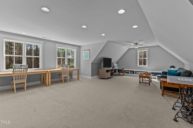 office featuring recessed lighting, baseboards, lofted ceiling, and carpet flooring