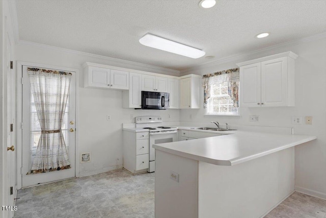 kitchen with ornamental molding, white electric range, a peninsula, black microwave, and light countertops