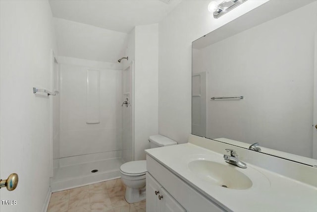 full bathroom with toilet, walk in shower, and vanity